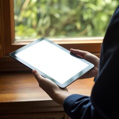 Hands holding a modern digital tablet with a blank white screen, positioned near a window with natural light, ideal for digital content