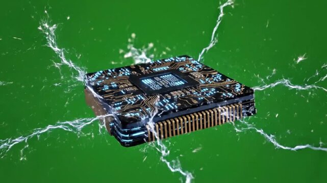 Close up video of microchip with electrical discharges on green background