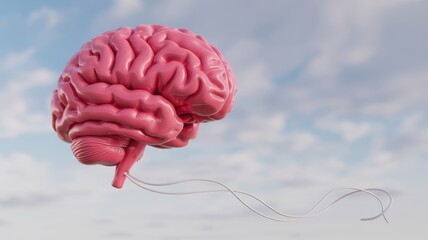 Abstract pink human brain floating in a serene, cloudy blue sky, symbolizing thought, creativity, and mental freedom