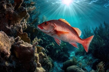 Underwater scene with red snapper fish