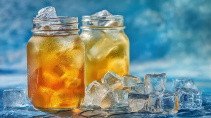 Cold golden beverages in ice cubes