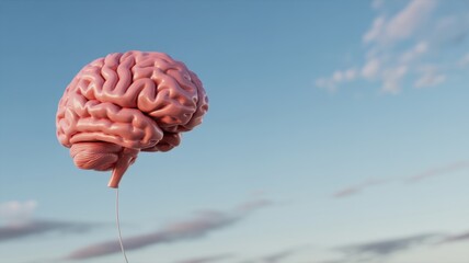 A human brain floats gently in a vast blue sky, connected by a delicate string, symbolizing thought, consciousness, and mental freedom