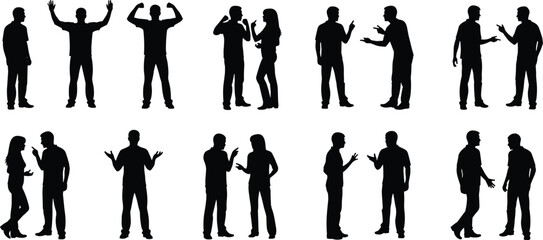 Collection of People Silhouettes in Various Social Poses Including Talking Arguing Gesturing Celebrating and Interacting Isolated on White Background for Design