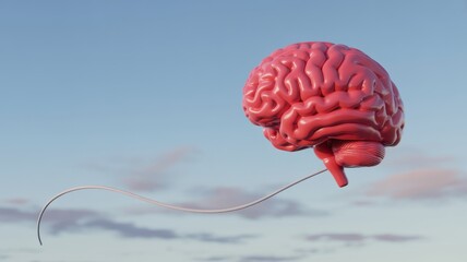 A vibrant pink human brain floats freely in a serene blue sky, symbolizing thought, imagination, and the boundless mind
