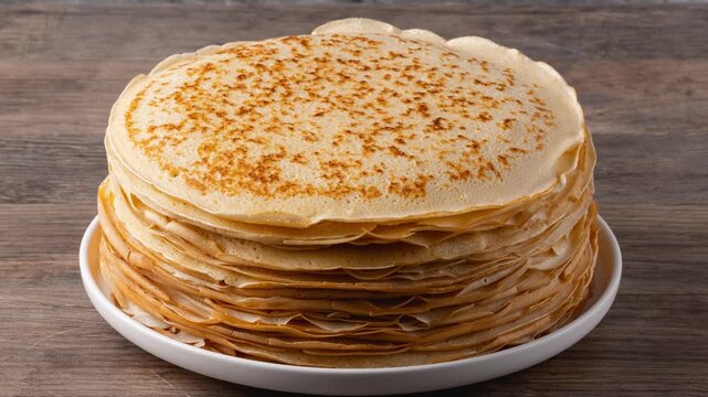 Thin pancakes on a wood table. Homemade crepes, tasty food. Staple of yeast pancakes, traditional for Russian pancake week