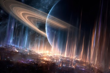 Surreal vertical lights under a ringed planet