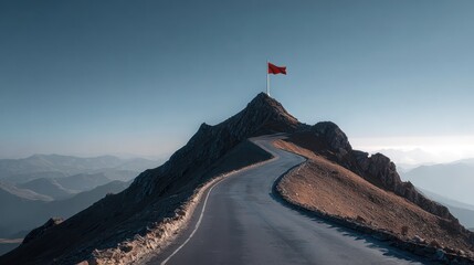 Winding road towards mountain top goal flag