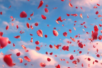 Red rose petals floating in blue sky