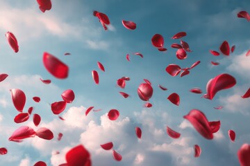 Drifting rose petals against a cloudy sky