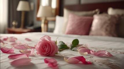 Romantic hotel bed with scattered rose petals