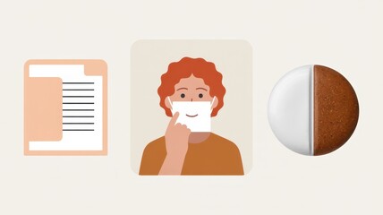 Digital illustration featuring a document icon, a person wearing a protective face mask, and a creative halfcoconut, halfwhite sphere design