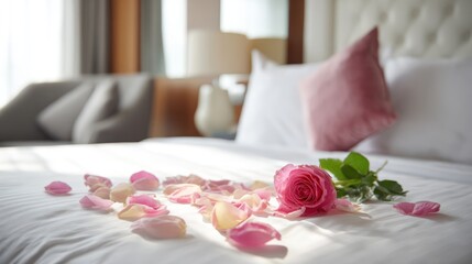 Red and pink roses on hotel bed