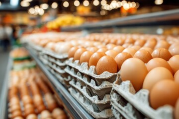 Supermarket display of organic brown chicken eggs