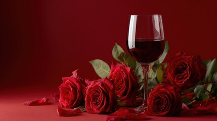 Roses and empty wine glass on red