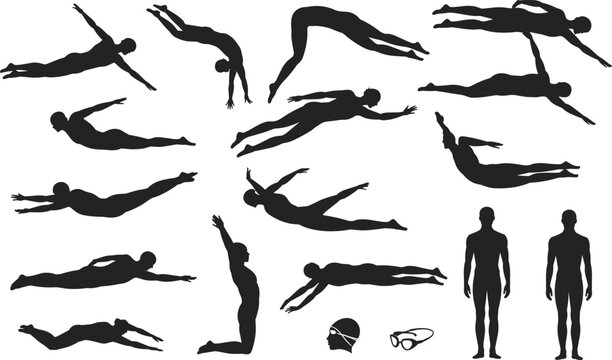 Collection of swimming silhouettes showing freestyle, butterfly, breaststroke, backstroke, diving poses, swim cap and goggles for aquatic sports design