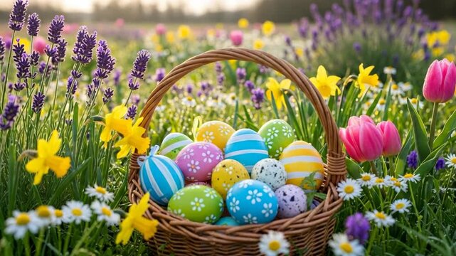A festive easter basket with colorful painted eggs sitting in a lush spring meadow. Seasonal holiday scene for an egg hunt with blooming lavender, tulips, and daffodils - Powered by Adobe