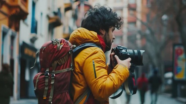 Video A person with a camera and backpack walking on a city street, possibly on the way to capture some urban scenery or documenting an event