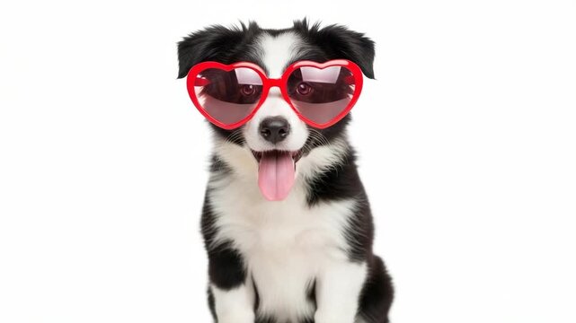 Cute border collie puppy in red heart sunglasses celebrating valentines day. Funny happy dog sitting with tongue out isolated on a white panoramic banner with copy space