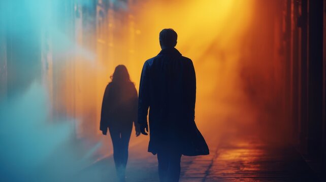 Two mysterious silhouettes, a man and a woman, walk through a smoky, atmospheric urban environment with dramatic orange and blue lighting, evoking suspense and an unknown journey
