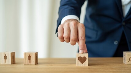 Businessmans hand selecting a wooden block with a heart icon, symbolizing care, values, or customer focus in a professional setting