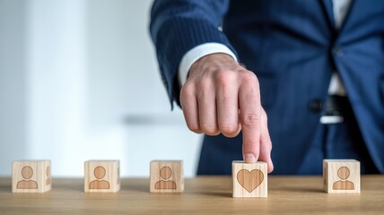 A businessmans hand selects a wooden block with a heart icon, symbolizing empathy, care, or human values in a professional context