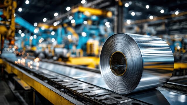 Steel coil in manufacturing facility with sparks and industrial atmosphere