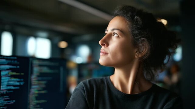 Female software creator in monitoring facility surrounded by code displays defocused large screen background programming language lines development environment technical