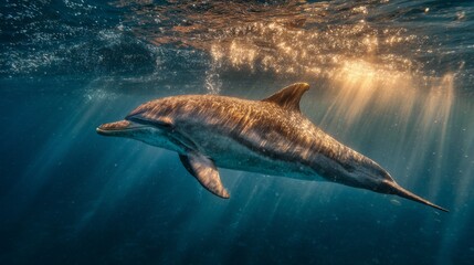 Obraz premium Graceful Dolphin Swimming Underwater with Sunlight Streaming Through Water Surface, Capturing the Beauty of Marine Life and Ocean Environment