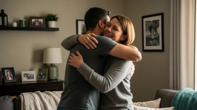 Emotional adult caucasian woman smiling while hugging her husband tightly at home. A beautiful moment of love, comfort and support in a committed marital relationship