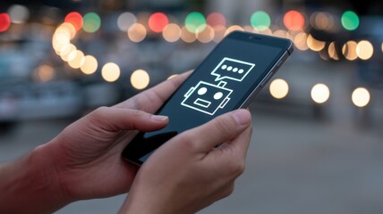 Hands hold a smartphone with a chatbot icon on the screen, representing artificial intelligence, digital communication, and technology