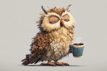 Grumpy sleepy owl holding coffee cup