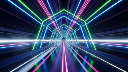 Vibrant neon tunnel with dynamic lighting, projecting a futuristic vibe.