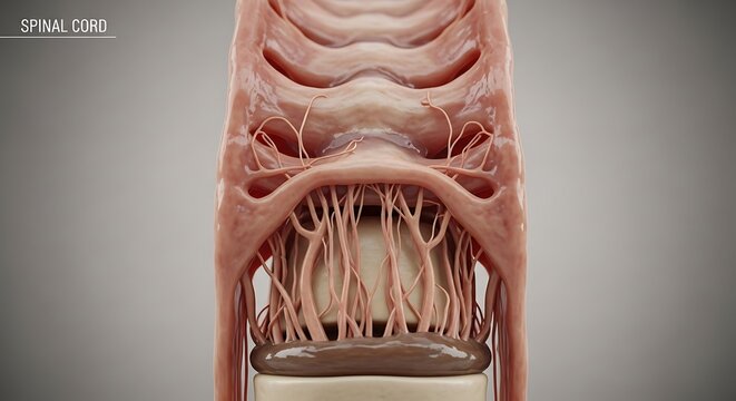 Detailed visualization of human spinal cord showing cauda equina nerve roots structure at lower end
