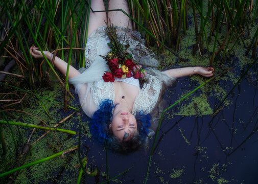Young woman floating upside down in shallow lake among reeds holding wilted roses wearing lace dress with blue hair gazing calmly expressing melancholy romance surrender and poetic stillness
