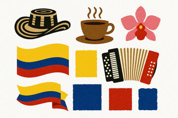 Colombian Culture Icon Set with Sombrero Vueltiao, Coffee and Accordion in Geometric Vector