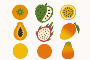 Colombian Tropical Fruit Icon Set with Lulo, Guanabana and Exotic Fruits in Geometric
