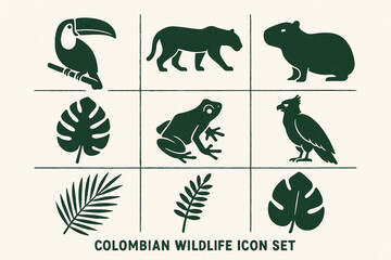 Fototapeta premium Colombian Wildlife Icon Set with Toucan, Jaguar and Tropical Animals in Geometric