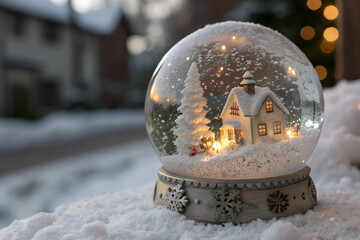 Naklejka premium Magical Snow Globe with Winter Village Inside