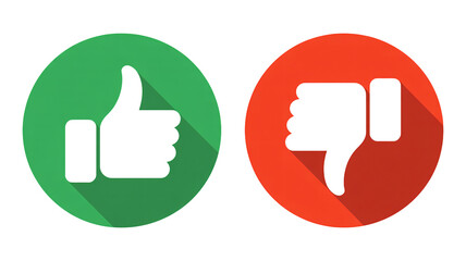 Thumbs up and thumbs down icons in green and red circles with shadow effect on white background for social media