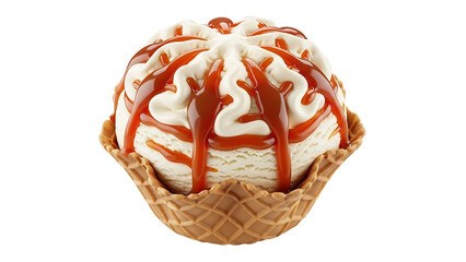 Vanilla Ice Cream Scoop with Caramel Sauce in Waffle Bowl, Isolated on Transparent Background