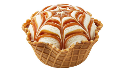 Vanilla Ice Cream with Caramel Drizzle in Waffle Bowl, Isolated on Transparent Background