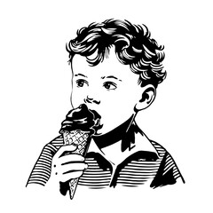 Young boy enjoying an ice cream cone in a black and white retro drawing style, isolated on a white background, concept of childhood delight