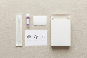 Minimal medical test kit layout with packaging and sample