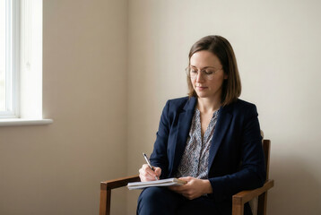 Female therapist writing notes during counseling session