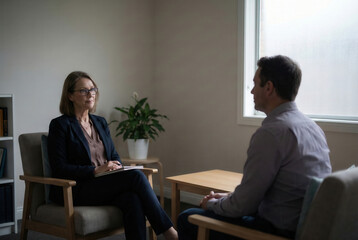 Therapist and client in calm mental health consultation