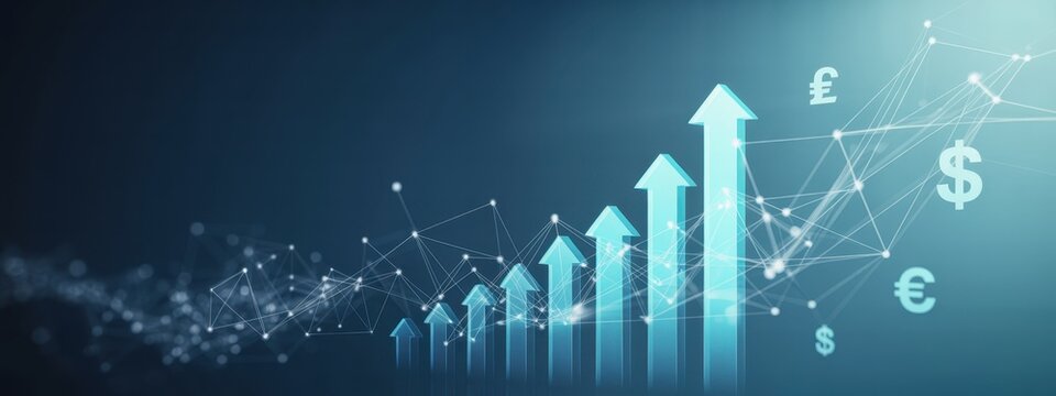 Financial growth concept with ascending arrows and global currency symbols on a dark blue background, representing economic success and investment - Powered by Adobe