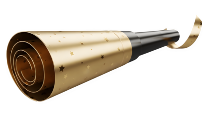 Metallic Gold New Year Party Horn Blower with Black Mouthpiece and Star Print Isolated on Transparent Background PNG