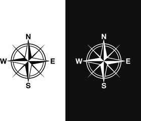 Vector compass rose icon in black and white for navigation, direction, and travel concepts