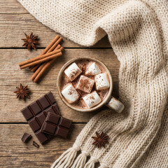 Cozy hot chocolate flat lay with scarf and spices