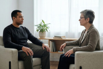 Calm therapy session with therapist and client seated